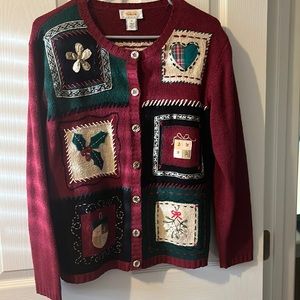 Talbots Vintage button down Holiday/ Christmas Sweater in burgundy w/ patchwork